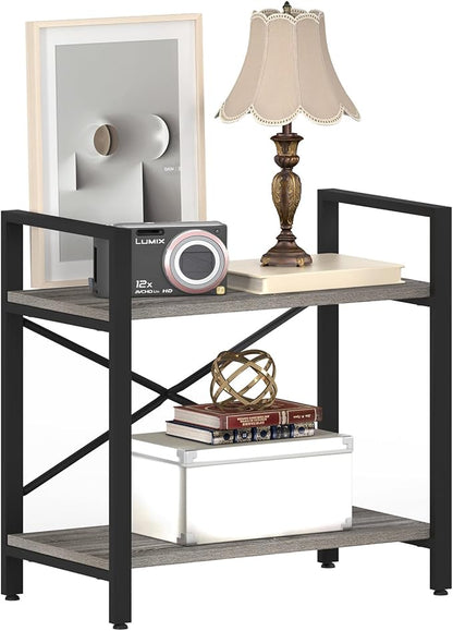 BON AUGURE Small Bookshelf for Small Space, 2 Tier Shelf Floor Bookcase for Storage, Industrial Short Low Wood Metal Book Shelves for Bedroom, Office and Living Room(Dark Gray Oak)