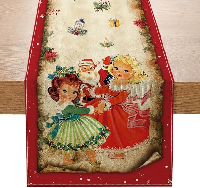 Vintage Christmas Table Runner Christmas Decorations - Red Vintage Style Santa Claus Girls Merry Christmas Winter Xmas Home Kitchen Dining Table Decor, Christmas Party Decorations 13 x 90 Inch