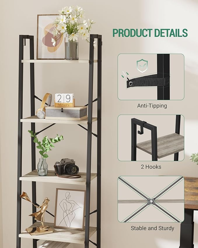 Ladder Shelf, Bookshelf Bookcase, Freestanding Corner Storage Shelve with 2 Hooks for Home Office, Living Room, Kitchen, Bedroom, Industrial, 5-Tier Greige BC19205B