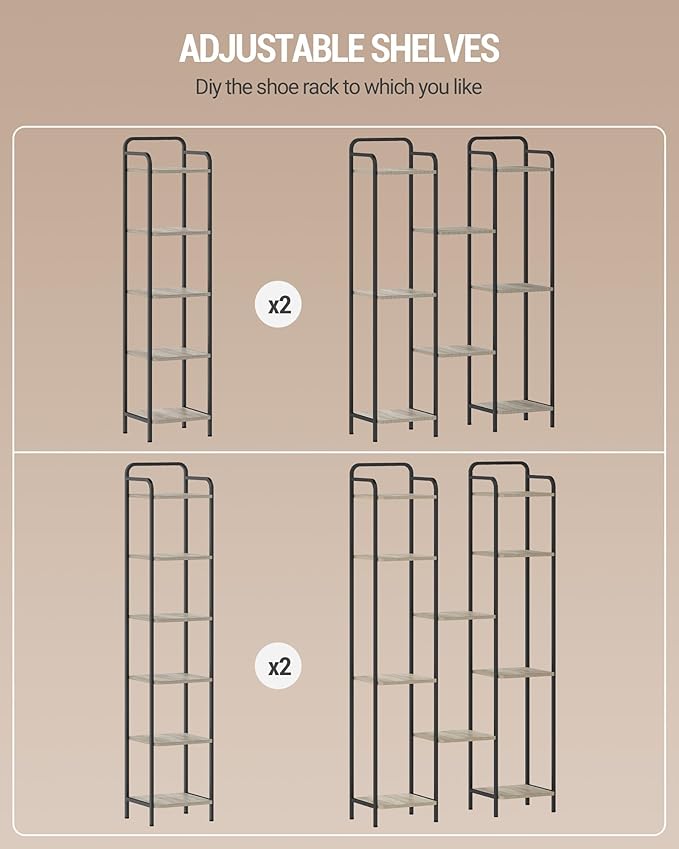 Bookcase Bookshelf, Narrow Book Shelf, Industrial Coner Shelf Storage Organizer, Slim Shelving Unit for Home Office, Living Room, Bedroom, Kitchen, 6-Tier Greige BC24605B