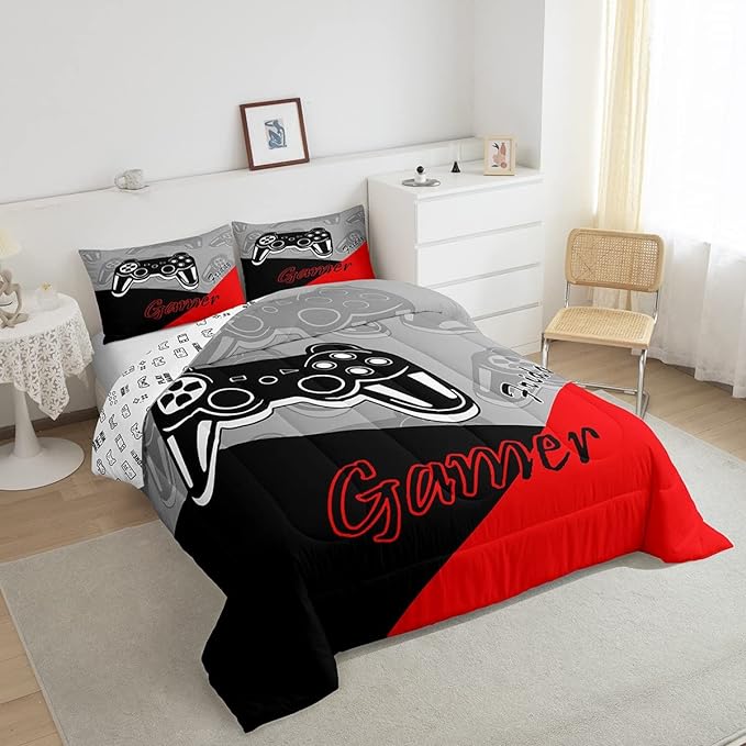 Feelyou Gamer Comforter Set for Boys Teens Gaming Bedding Set Video Game Contoller Home Decor for Kids Down Alternative Comforter Queen Size 3 Pieces 1 Comforter with 2 Pillowcases