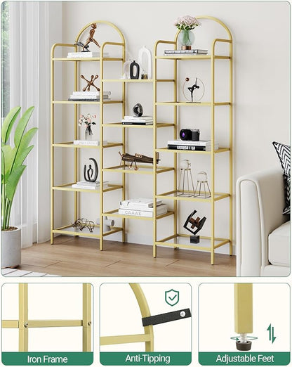 5 tier Bookcase Bookshelf, Tempered Glass Bookshelves, Triple Wide Glass Storage Rack with 14 Open Storage Spaces, Display Shelf for Living Room, Home Office, Bedroom, Gold BC50101G