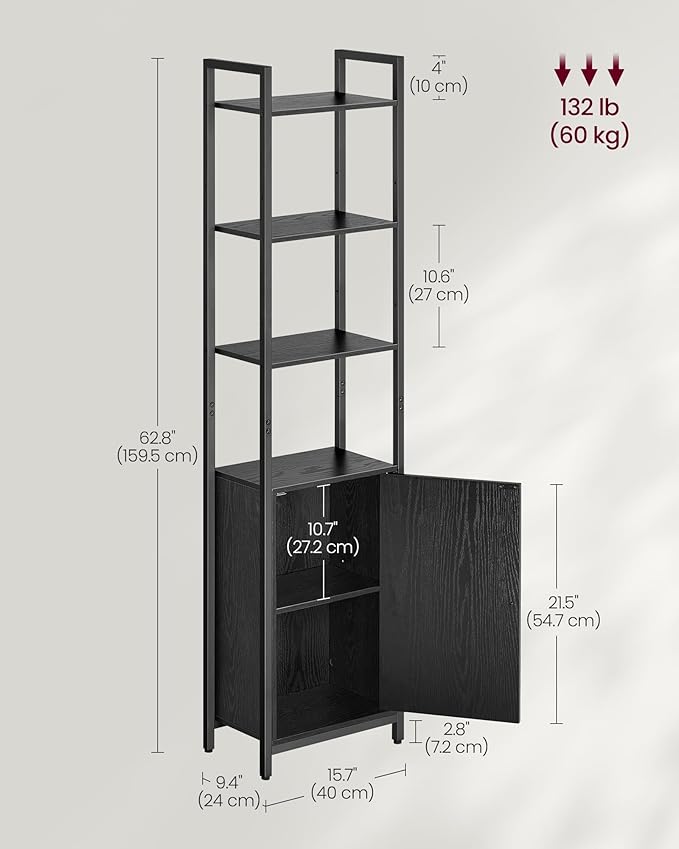 VASAGLE 6-Tier Bookshelf, Tall Bookcase with Door, Steel Frame, Adjustable Shelves, 9.4 x 15.7 x 62.8 Inches, Living Room Bedroom, Ebony Black and Ink Black ULLS132B01