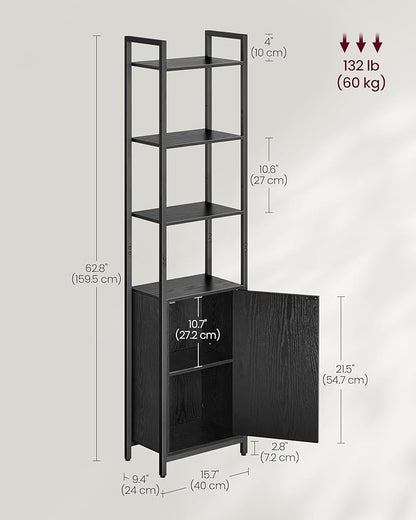 VASAGLE 6-Tier Bookshelf, Tall Bookcase with Door, Steel Frame, Adjustable Shelves, 9.4 x 15.7 x 62.8 Inches, Living Room Bedroom, Ebony Black and Ink Black ULLS132B01