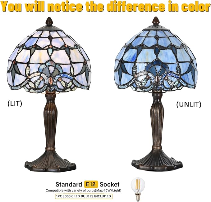 Tiffany Lamp Baroque Design Stained Glass Table Lamp for Living Room Bedroom Bedside Nightstand Home Office (Blue baroque)