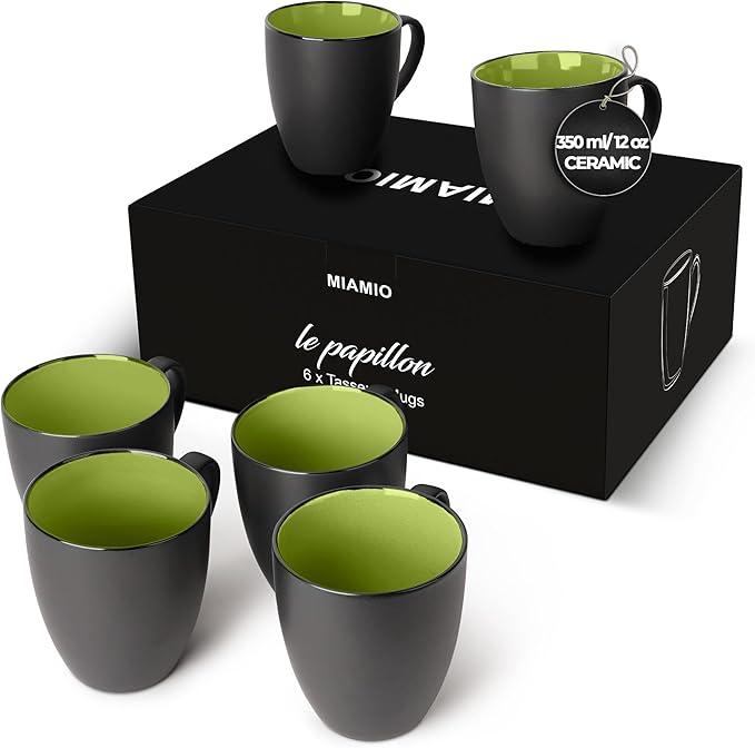 MIAMIO - Coffee Mugs Set of 6 (12 oz) - Le Papillon (Green) - Modern Home | Ceramic coffee mugs for coffee, cappuccino and tea, 12 oz for everyday use - dishwasher safe - practical for daily use