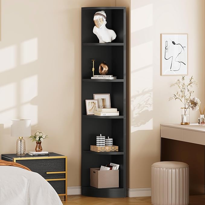 YITAHOME 5-Tier Corner Shelf, 70.8" Tall Modern Free Standing Corner Bookshelf, 5 Shelf Display Corner Bookcase and Bookshelves,Wooden Open Storage Book Shelves for Living Room, Home Office, Black