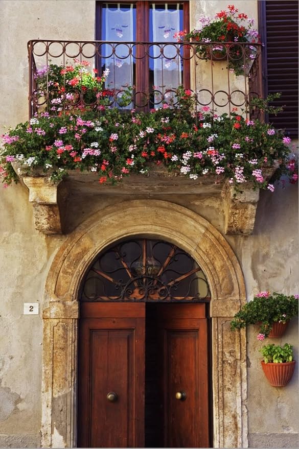 ART.COM Stretched Canvas Print Balcony Flowers and Doorway in Pienza Tuscany Italy by Julian Castle, 16" x 24"