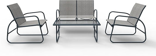 Mapleleaf 4 Pieces Rattan Patio Furniture Set, Outdoor Wicker Conversation Sofa Set, Rattan Chair and Glass Coffee Table for Yard, Pool or Backyard (Grey)