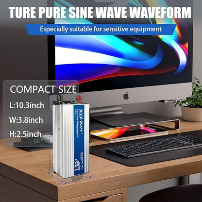 1000W Pure Sine Wave Power Inverter DC 36V to AC 110V/120V, 2000W Peak, Car/Truck Power Converter for Solar, Home, Vehicle & Rechargeable Devices with LED Display