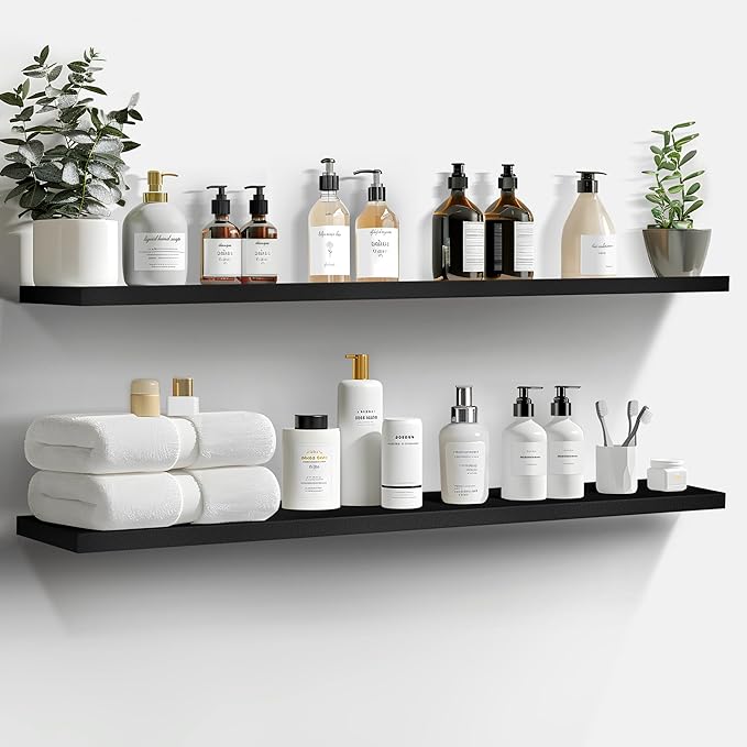 LaVie Home Floating Shelves, 47 Inch Wall Shelf Set of 2, Hanging Shelf with Invisible Brackets, Wall Decor for Bathroom, Bedroom, Living Room, Kitchen Storage,Classic Black