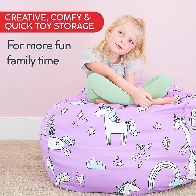 Creative QT Stuff ’n Sit Extra Large 38’’ Bean Bag Storage Cover for Stuffed Animals & Toys, Giant Beanbag Chair for Plush, Toddler & Kids Rooms Bedroom Organizer, Purple Unicorn