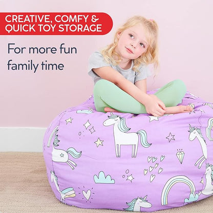 Creative QT Stuff ’n Sit Large 33’’ Bean Bag Storage Cover for Stuffed Animals & Toys – Purple Unicorn Print – Toddler & Kids’ Rooms Organizer – Beanbag Makes Great Plush Toy Hammock Alternative