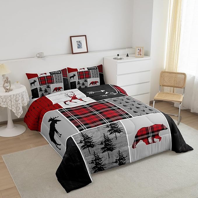 Deer Antlers Bear Kids Comforter Set King Size,Plaids Boho Arrows Patchwork Bedding Set for Boys Girls Adults Room Decor,Rustic Adventure Xmas Down Comforter,Red Retro Duvet Insert,2 Pillowcases