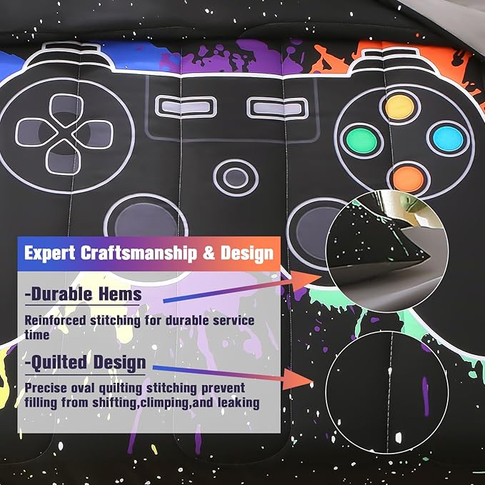 JQinHome Queen Gamer Comforter Sets for Boys&Girls,6 Piece Bed in A Bag 3D Video Game Bedding -All Season Microfiber Gamer Bedding Sets for Kids, with Pillowcase, Flat & Fitted Sheet,Cushion Cover