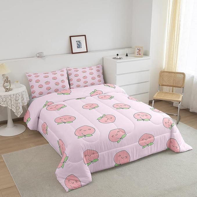 Cartoon Comforter Set Twin Size Pink Peach Bedding Set Kid Kawaii Down Comforter Girl Lovely Peach Duvet Set Cute Fruits Comforter Tropical Plant Bedding Reversible Soft Lightweight Room Decor