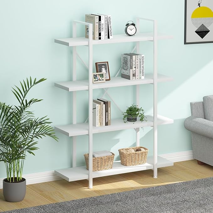 HSH 4 Tier White Bookshelf, Modern 4 Shelf Etagere Bookcase, Industrial Wood and Metal Storage Shelves and Display Book Rack, Farmhouse Open Wide Book Shelf for Bedroom Living Room Office, White Oak