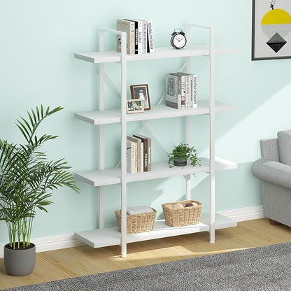 HSH 4 Tier White Bookshelf, Modern 4 Shelf Etagere Bookcase, Industrial Wood and Metal Storage Shelves and Display Book Rack, Farmhouse Open Wide Book Shelf for Bedroom Living Room Office, White Oak