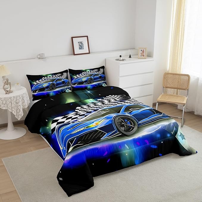 Blue Racing Car Comforter Set Full Size, Fast and Furious Extreme Sport Games Bedding Sets for Kids Boys Teens,Sports Car Bed in A Bag,Cool Modern Duvet Insert with 2 Pillowcases