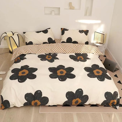Black and White Comforter Set Black Floral Bedding King Comforter Set Hand-Drawn Flowers Cotton Women Modern Elegant Chic Quilts Blankets Lightweight Black Flower Reversible Bed Comforter Set