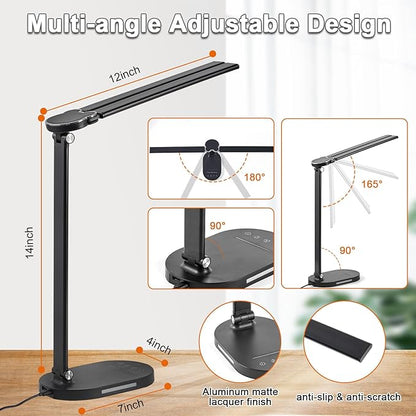 Doule Head Desk Lamp, Dimmable Desk Light, Adjustable Reading Lamps, Eye-Caring Table Lamp, Multi-Angle Adjustable and Foldabel Design Table Lamp - Black