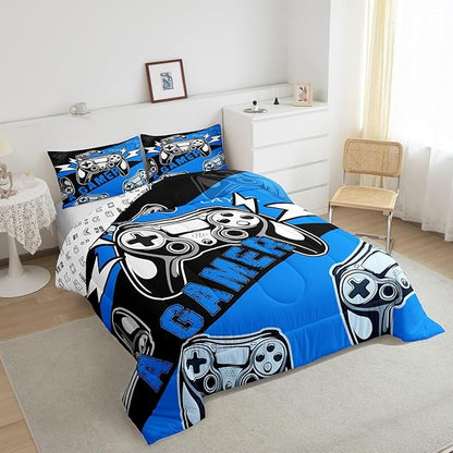 Erosebridal Gamer Comforter Sets for Boys Full Size,Gaming Bedding Sets for Boys Kids Teens Gamepad Gaming Comforter Set Game Room Decor,Blue Black 3Pcs