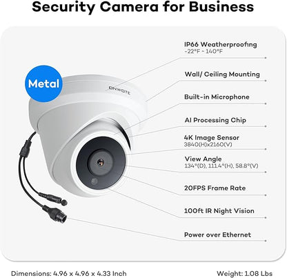 ONWOTE NVR PoE Security Camera System 4K, 16 Channel 12MP Commercial NVR 4TB, 8X 8MP Wired Outdoor IP Cameras, 134° FoV, AI Detection, 24/7 Video Audio Recording, CCTV Surveillance for Home Business
