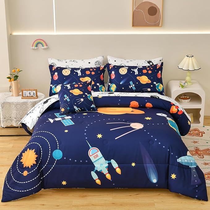 8 Piece Kid Comforter Set Twin Size Bed in a Bag, Space Rocket Bedding Set for Teen Boys Girls