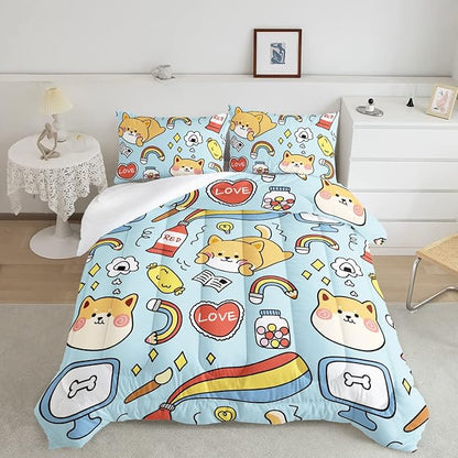 Datura home Kids Comforter Set Kawaii Dogs Bedding Set Cute Shiba Inu Corgi Printed Pattern Home Decor with 1 Comforter and 2 Pillowcases for Boys and Girls All Season(Blue Shiba Inu Full) 80x90''