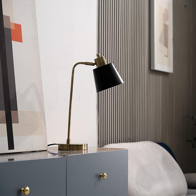 Globe Electric 61000055 18" Desk Lamp, Matte Brass Finish, Matte Black Metal Shade, Pivot Joint, On/Off Rotary Switch on Shade, E26 Base Bulb, Lamp for Living Room, Home Office