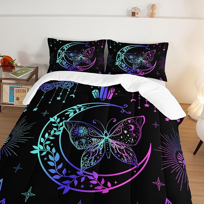 HOSIMA Butterfly Comforter Set 3Piece with 2 Pillowcases,Black Comforter Butterfly Aesthetics Room Decor,Boho Mandala Comforter Butterfly Bedding Set for Girls,Bohemian Full Size Bed in a Bag Set.