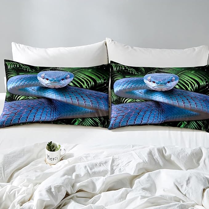 Erosebridal Snake Comforter Set Twin, Blue Snake Duvet Set, 3D Reptile Bedding Comforters, Blue Scales Quilt Set, Palm Leaf Wild Animal Stylish Quilted Duvet for Kids Boys Teens Man Bedroom Decor