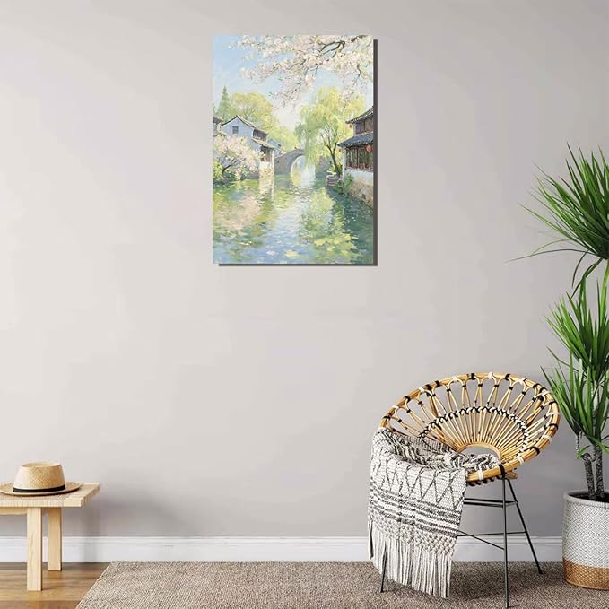Small bridge stream house Jiangnan style landscape poster suitable for living room bedroom office natural oil painting poster