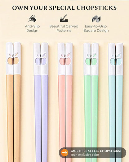 5 Pairs Reusable Training Chopsticks Set, Chopsticks Helpers Set for Beginner, 9.45 Inch Dishwasher Safe Fiberglass Japanese Chop sticks, Non-Slip, Easy to Use