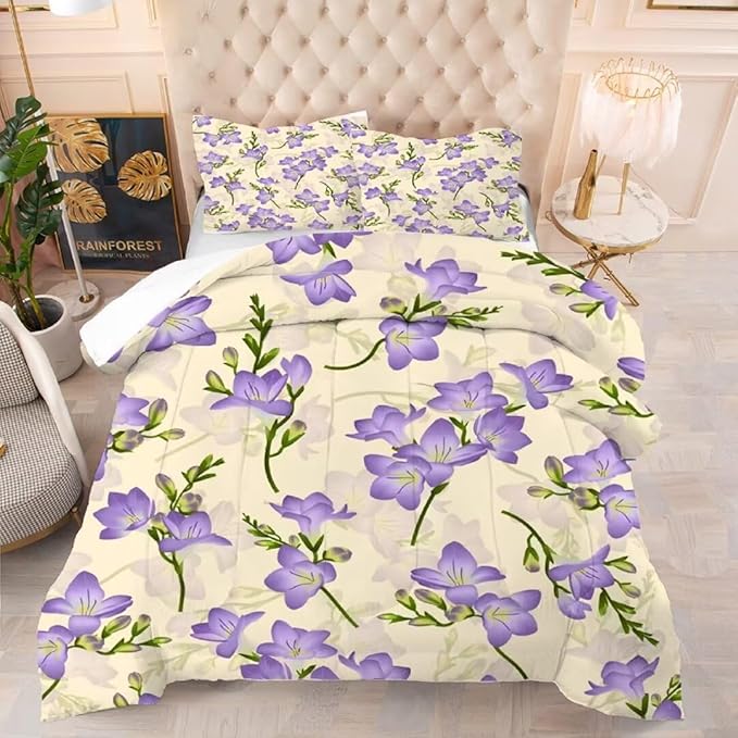 kxry Purple Flower Comforter Sets Bedding Sets Twin Size Comforter Set for Girls Women Kids 1 Comforter + 1 Pillow Case