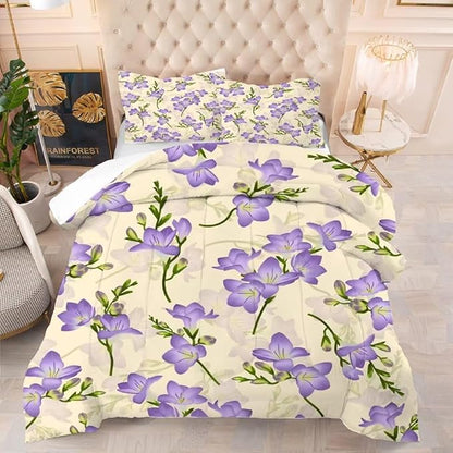 kxry Purple Flower Comforter Sets Bedding Sets Twin Size Comforter Set for Girls Women Kids 1 Comforter + 1 Pillow Case