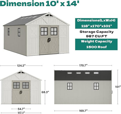 Devoko 10 x 14 FT Resin Outdoor Storage Shed, Extra Large Plastic Shed with Skylight, Floor and Lockable Door, Storage Bike, Tools, Lawn Mower for Garden, Backyard, Patio, Beige