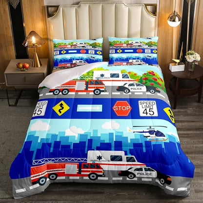 Kids Fire Trucks Car Comforter Set Twin Size Cartoon Police Car Down Comforter Airplane Ambulance Rescue Vehicles Beding Set Boys Girls Car Room Decor Soft Lightweight Duvet Set, Colorful Comforter