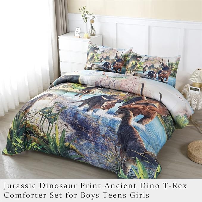 WINLIFE Dinosaur Comforter Set Twin Kids Bedding Set T-Rex Jurassic Jungle Dino Comforter Sets for Boys Teens, Lightweight Easy Care Bedding (2 Pieces, Twin)