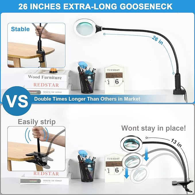 26" Gooseneck Magnifying Lamp with Clamp, 5 Color Modes Stepless Dimmable LED Desk Light with Magnifying Glass, 10X Real Glass Lighted Magnifier Hands Free for Painting Close Work Craft Hobby