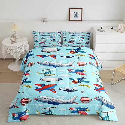 Kids Aircraft Comforter Set Boys Cartoon Airplane Print Comforter Helicopter Flying Plane Bedding Set for Children Girls Travel Decor Duvet Set Cute Colorful Planes Room Decor Queen Size Quilt Set