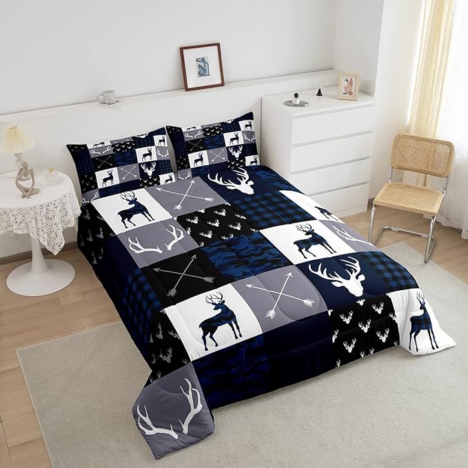 Manfei Camo Deer Antlers Comforter Set Full,Geometric Plaid Patchwork Bedding 3pcs for Kids Teens Girls Boys Room Xmas Quilt Set,Blue Grey Duvet Insert with 2 Pillowcases (WWS10843GYY-BZ_USf)