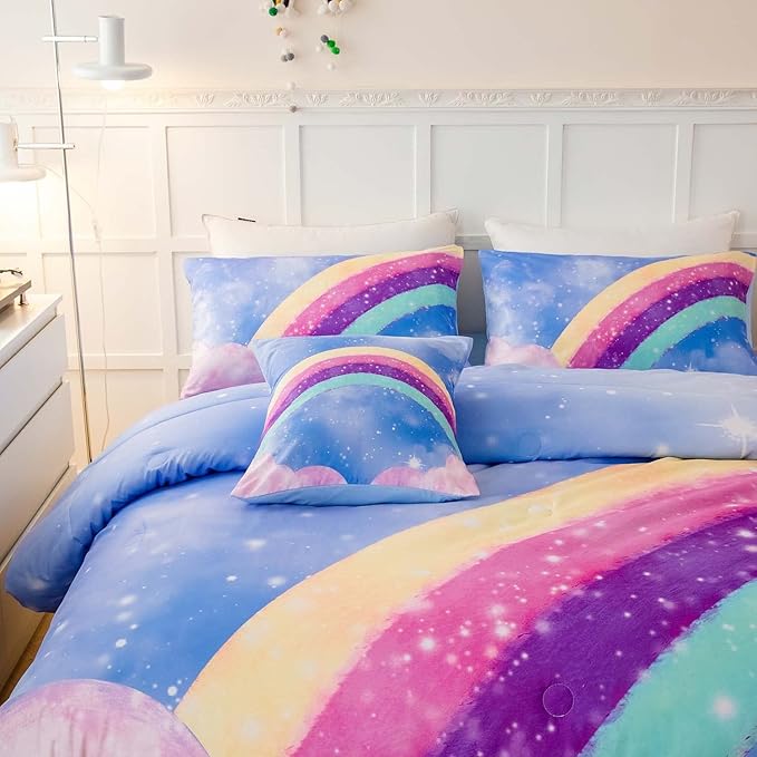 Sky Blue Teen Rainbow Comforter Set Queen Size for Girls, 6 Pieces Galaxy Gradient Bed in A Bag, 3D Galaxy Kids Bedding Comforter Sets with Comforter, Sheets and Pillowcases