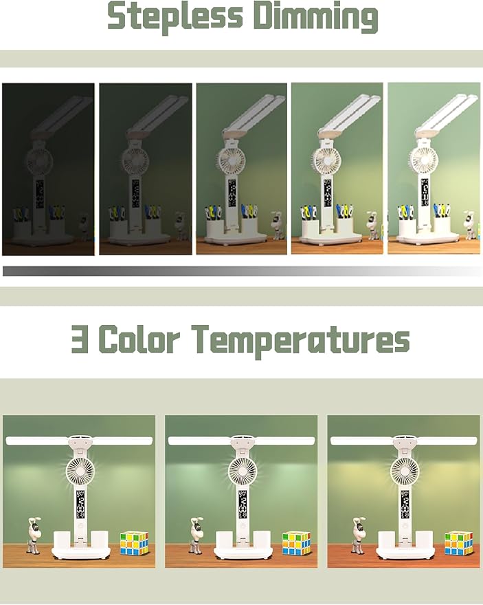 Desk lamp, LED Desk Lamps with Fans, USB Charging Port, Adjustable Foldable Table Lamp with Clock, Date, Fan, Pen Holder, Temperature, Step-less dimming Lighting, Home Office Desk Lamp