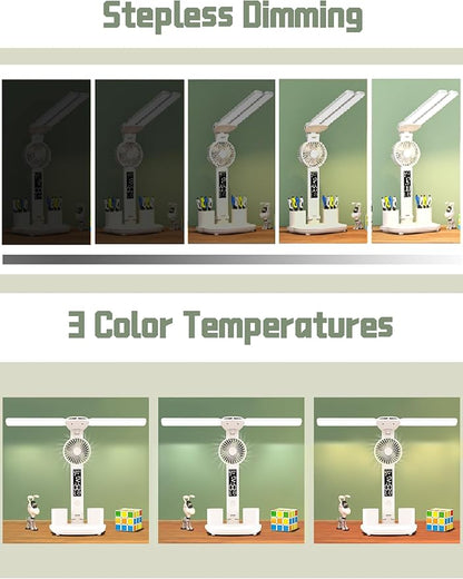 Desk lamp, LED Desk Lamps with Fans, USB Charging Port, Adjustable Foldable Table Lamp with Clock, Date, Fan, Pen Holder, Temperature, Step-less dimming Lighting, Home Office Desk Lamp