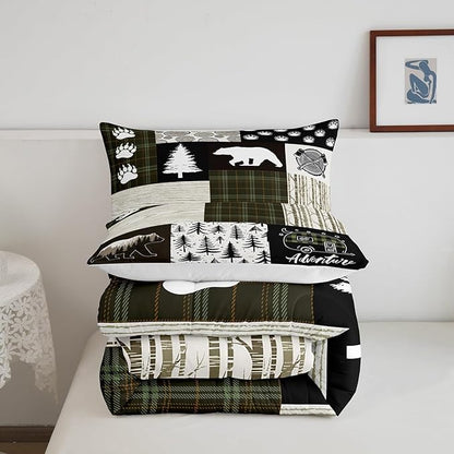 Bear Comforter Set Queen Size,Pine Trees Animals Hunting Bedding Set for Kids Boys Girls Adults Room Decor,Camping Adventure Rustic Farmhouse Down Comforter,Green Plaids Duvet Insert,2 Pillowcases