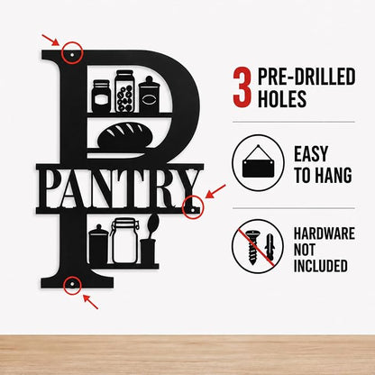 Pantry Metal Wall Decor, Farmhouse Kitchen Pantry Sign, 14 Inch | 14-inch matte black metal pantry sign with pre-drilled holes for farmhouse, rustic, modern, or industrial kitchen decor.