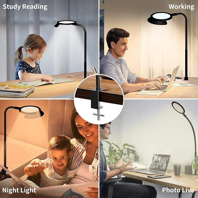 QINER LED Desk Lamp, Eye Protection Desk Light with Sunshade Touch Control Table Lamp Gooseneck Task Lamp 25 Lighting Effect Modes Clamp Lamp for Office Workbench Drafting Live Streaming