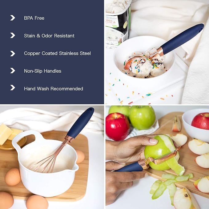COOK WITH COLOR Kitchen Gadget Set Copper Plated Stainless Steel Utensils with Soft Touch Handles, Copper Navy, 7 Pieces