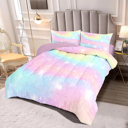 Kids Comforter Bedding Set 3 Piece Super Soft Breathable Print Kids Bedding Sets for Girls, Machine Washable Durable Comforter Set with Comforter with 2 Pillowcases(Twin, Gradient Color)